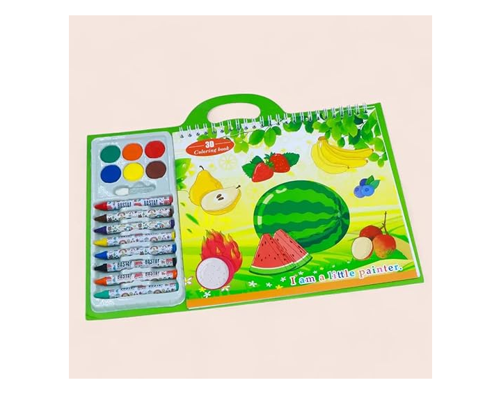 3D Kids Coloring Book Set with Watercolours and Crayons along with Brush, Ocean, Dinosaur and Space Themes, 3 Books