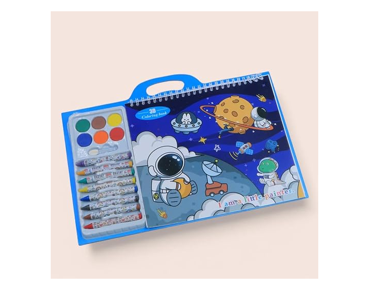 3D Kids Coloring Book Set with Watercolours and Crayons along with Brush, Ocean, Dinosaur and Space Themes, 3 Books - Image 3