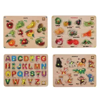 Wooden Animals Alphabets Vegetables Fruits Puzzle With Knobs Educational and Learning Pack Of 4 Multicolour - 54 Pieces