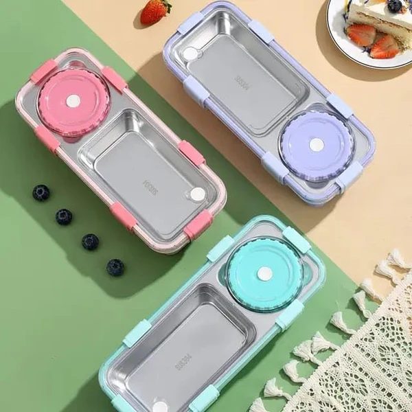 600ml 2 Compartment Stainless Steel Lunch Box with Cutlery and 150ml Cup - Image 3